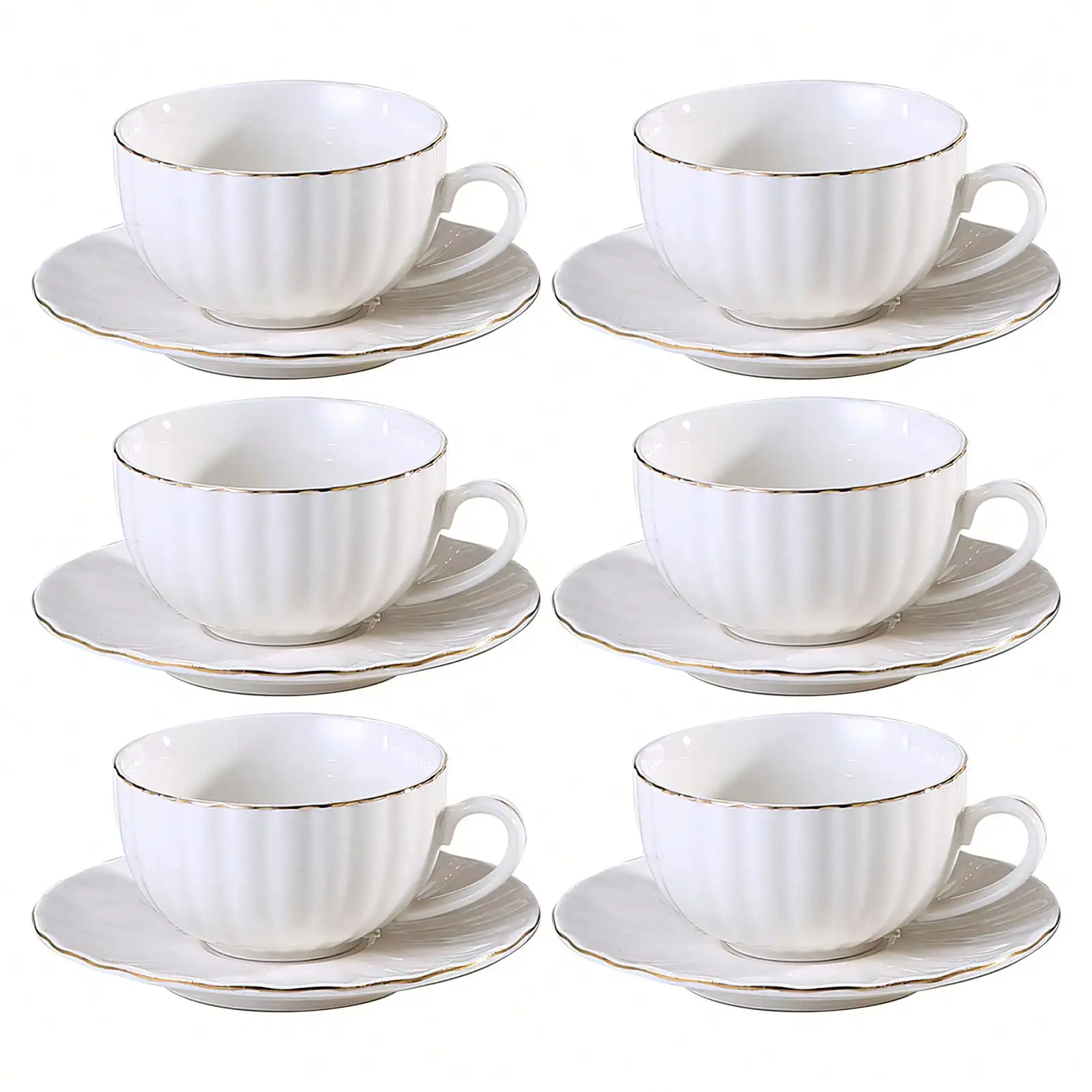 6‑Piece Gold‑Rimmed Ceramic Coffee Cup & Saucer Set, 90ml Stackable White Porcelain Small Cups, Elegant Tea Cup Set for Afternoon Tea, Party, Living & Dining Room Decor, Ideal for Latte, Cocoa and Mocha