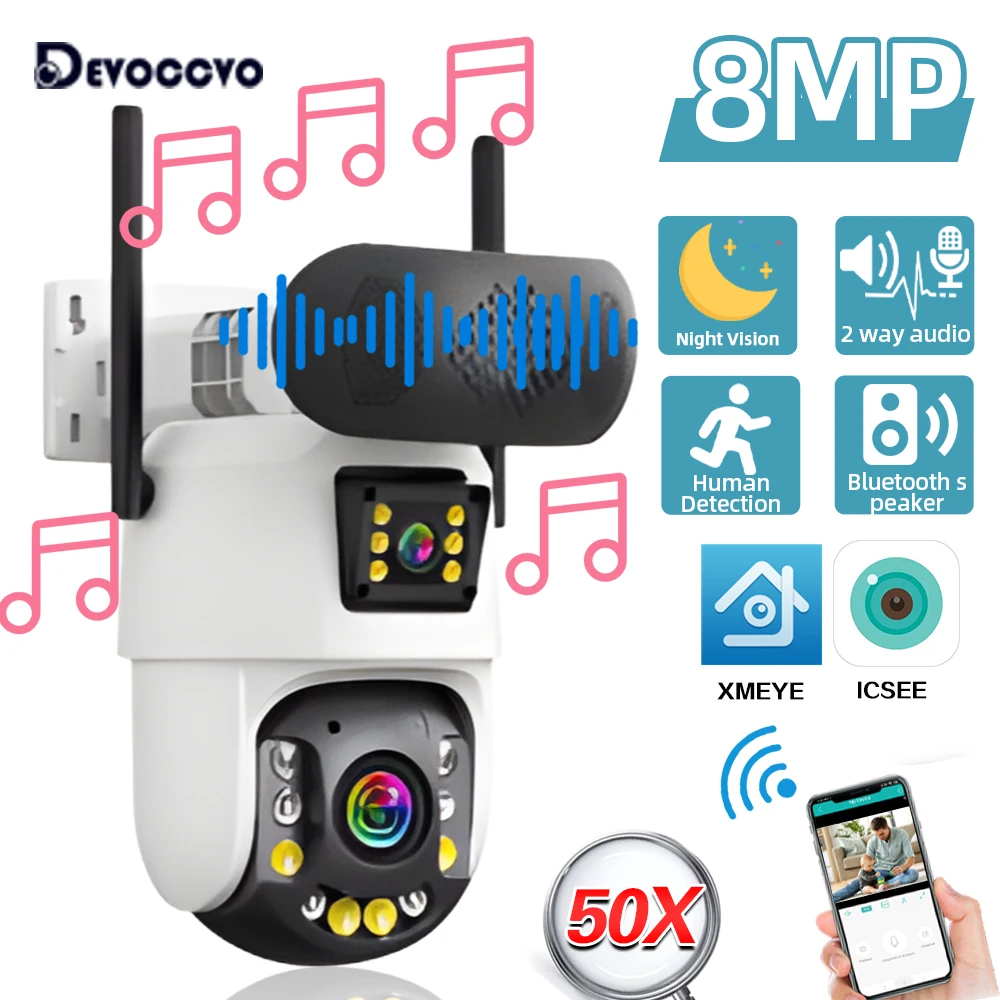 Kamera IP PTZ 4K z podwójnym obiektywem, Wi-Fi, 50-krotnym zoomem, do użytku zewnętrznego, z detekcją ludzi, ICSEE, kamera monitoringu CCTV z głośnikiem Bluetooth
