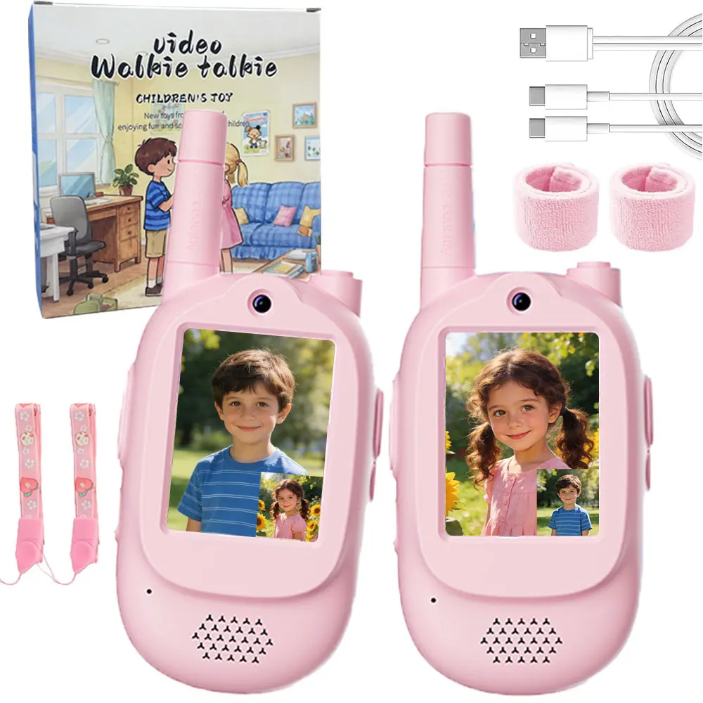 2 PCS Children's Video Walkie Talkie 2.0 inch HD Screen Rechargeable Voice Fonts One-Click Call Cartoon Intercom Gift For Kids