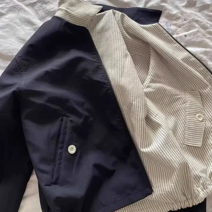 Streetwear BF Jackets Women's Clothing Wearing Two Sides Striped Casual Waistcoats 2026 Ropa Mujer Vintage Zipper Coats Tops