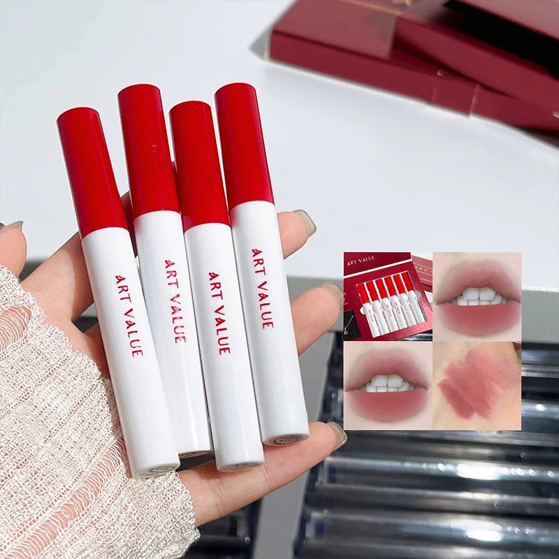 Kit de lápiz labial líquido mate, taza antiadherente, brillo de labios resistente al agua, Cosméticos coreanos de larga duración para mujeres, conjuntos de cajas de lápiz labial rojo Sexy