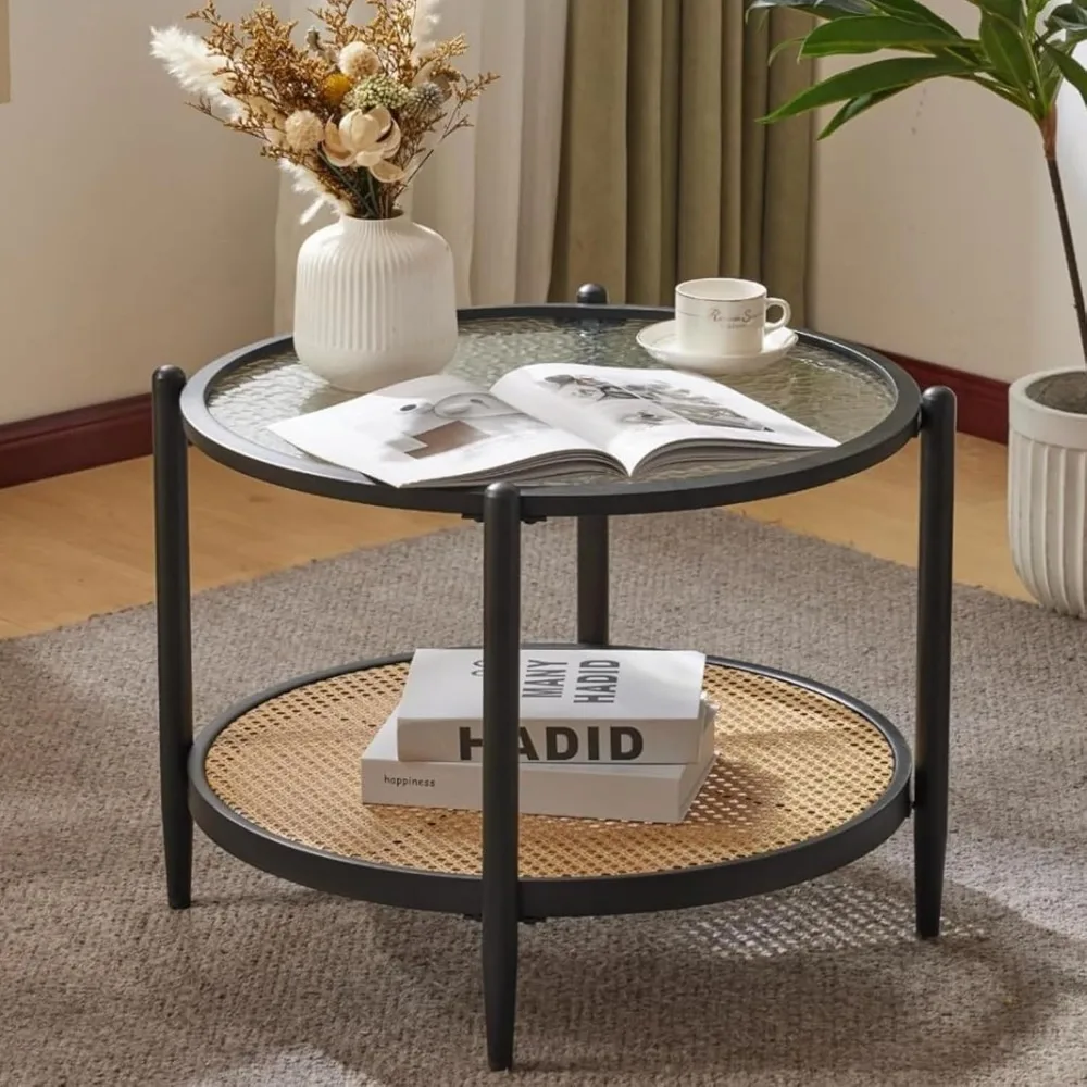 

Rattan Coffee Table, Round Water-Wave Glass Metal Center Table, Modern Coffee Table with