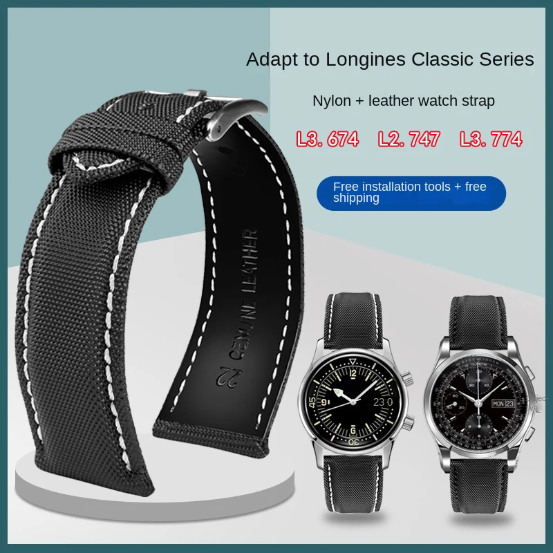 20mm 21mm 22mm For Longines Heritage Series Wristband L3.674 L3.774 L2.747 Sport Men's Nylon Leather Strap Bracelet Watch bands