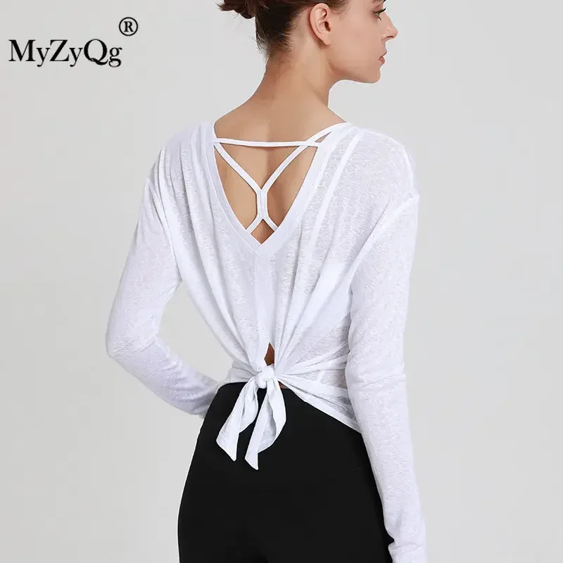 MyZyQg Spring Women Loose Long Sleeve Yoga T-shirts Back Hollow Quick Dry Sports Tops Ladies Fitness Thin Breathable Clothing