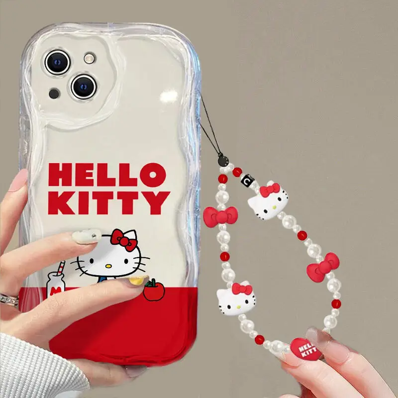 Sanrio With Red Bows Hello Kitty Chain Cute Case For Samsung Galaxy S24 FE S23 Ultra A16 A55 A35 A34 A54 A24 A23 Cover Funda S