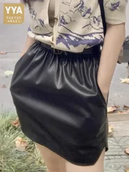 Elastic High Waist Women Genuine Leather Skirt High Street Casual Solid Color Mini Skirts Female Black Real Sheepskin Bud Skirts