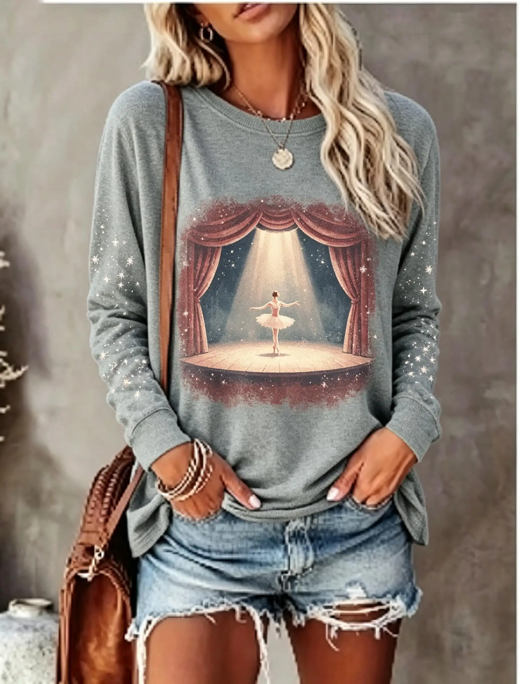 Women Long Sleeve T‑Shirt Ballet Dancer Stage Curtain Star Glow Gradient Print Crew Neck Tops view 5