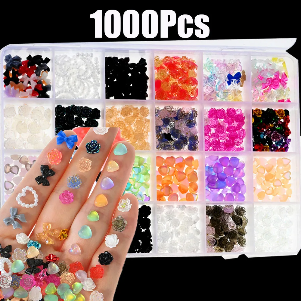 

1000Pcs Mixed Kawaii Christmas Nail Art Decoration 24 Grids Colorful Resin Bow/Flowers Nail Parts DIY Colorful Manicure Jewelry