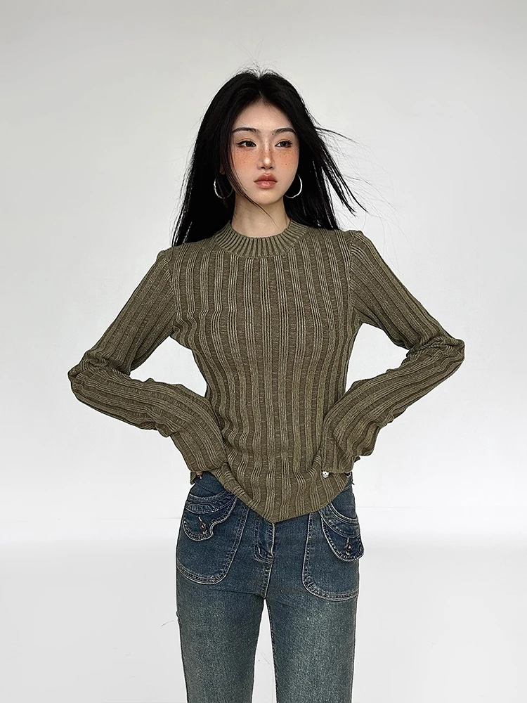 Hot girl retro niche design dark green ribbed sweater