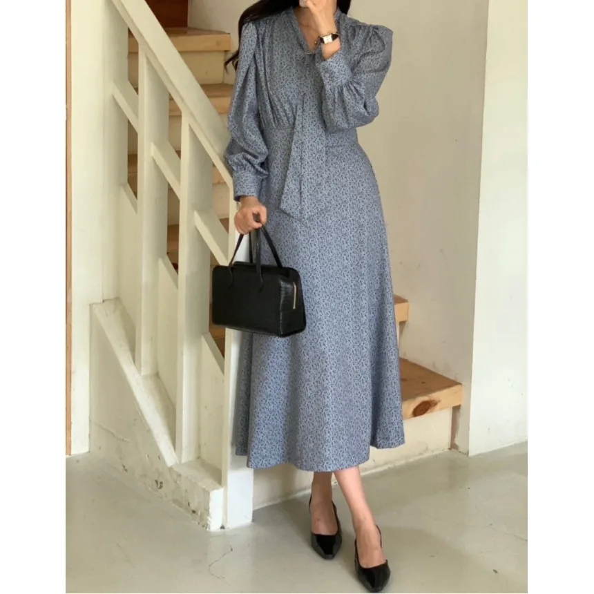 

Retro Floral Print Off-Shoulder Gown Women's Spring New Style Waist-Cinched Bubble Sleeve Straight Dress Korean Style