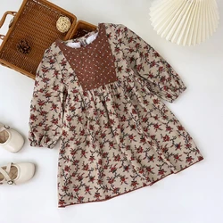 Kids Dresses for Girls Vintage Printed Color Blocked Dress Autumn Khaki Long Sleeved Round Neck Dresses Children's Clothing