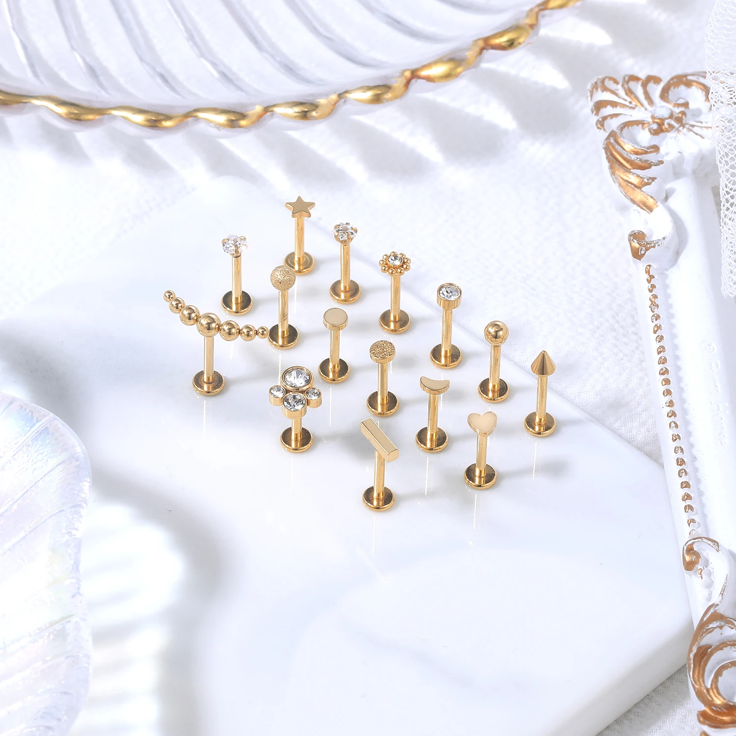 ZS 1PC 16G Rose Gold Plated Helix Piercing Earring Zircon Lip Stud Star Moon Labret Piercing Jewelry Crystal Lip Body Jewelry