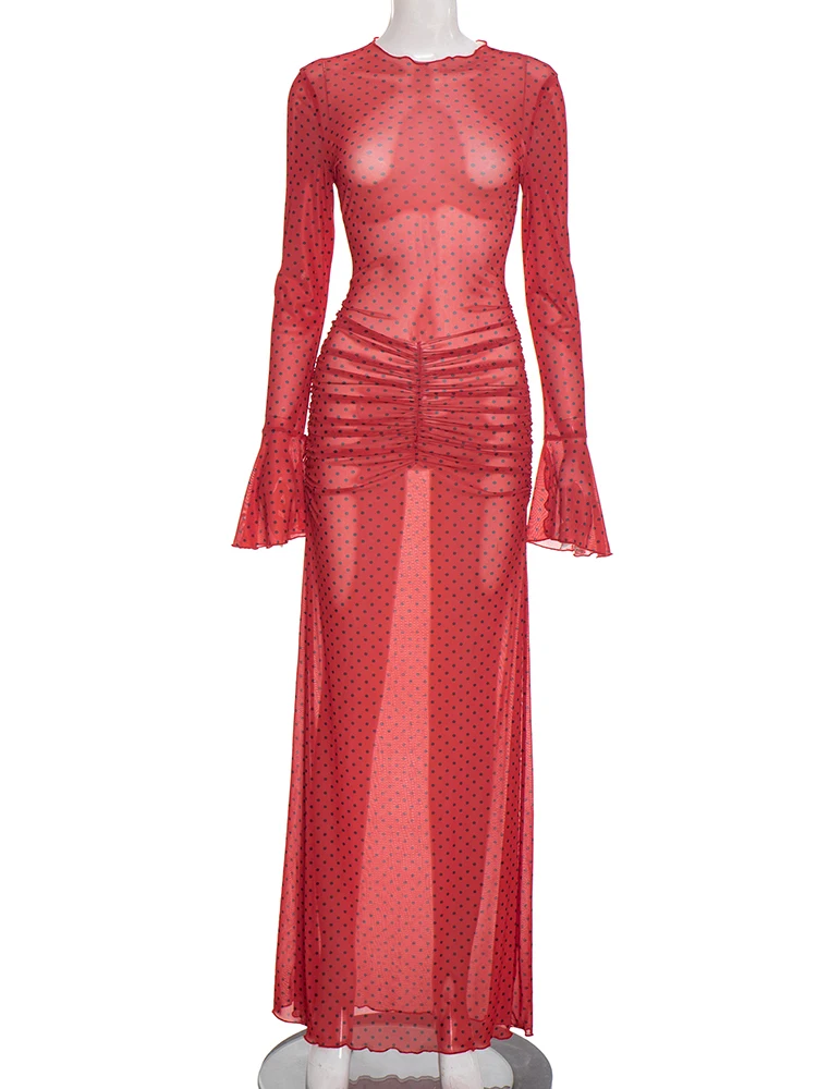 Cutenw Trend Sexy Dünnes Polka Dot Kleid Frauen Schmetterling Ärmel Welle Rand Geraffte Pfirsich Hüfte Klassische Elegante Stretch Dünne Bodycon