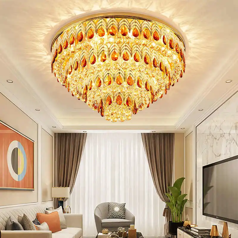 

European Round Crystal Lamp Living Room Ceiling Lamp Luxurious Fashionable Atmospheric Restaurant Lamp Bedroom Villa Hotel Light