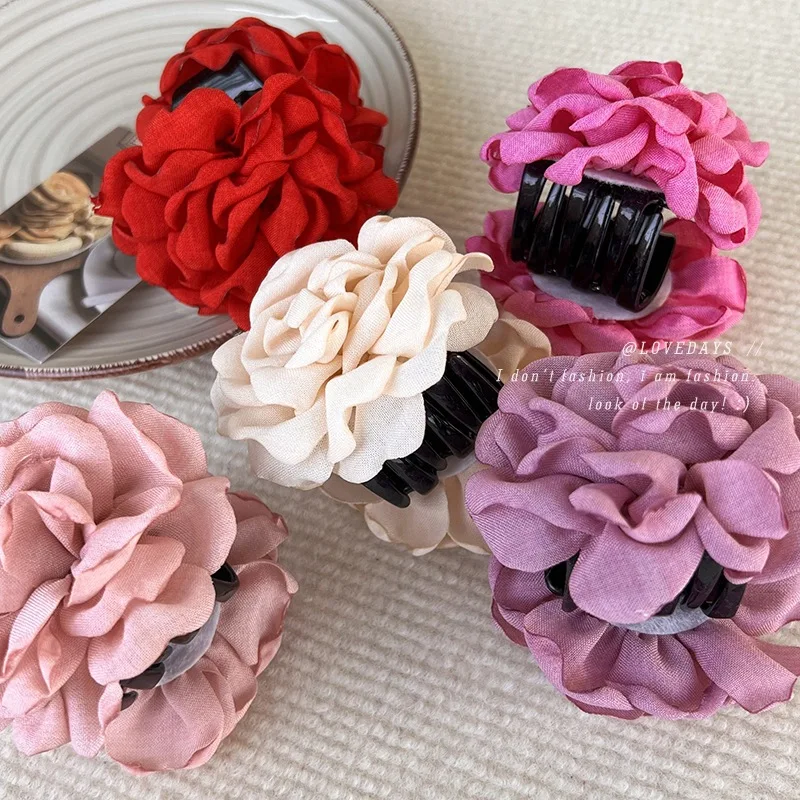 Romantic French Rose Flower Barrettes Women\'s Back Head Shark Clip Large Grip Loose Clip Headdress Fashion