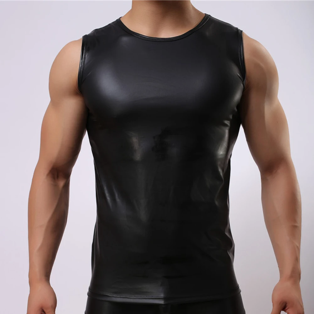 Men‘s Faux Pu Black Leather Round-Neck Tank Top Wet-Look Tight Vest Underwear Sexy Slim Shaping Gym Sports Sleeveless T-shirt