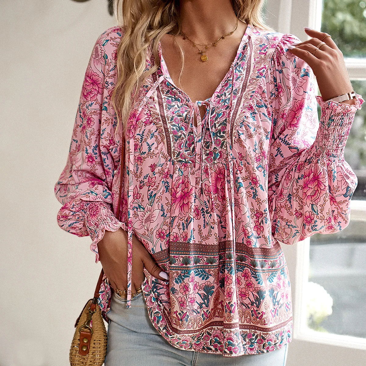 Pink Floral Shirt and Blouses Autumn Women Top Loose Full Sleeve Streetwear Pullover Outfit Office Lady Dress Up Female Clothing