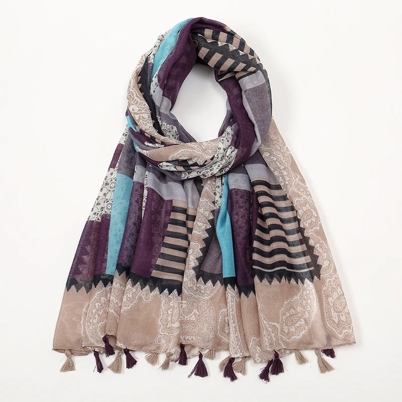 Szal damski marki projektanckiej 2024, klasyczny wzór, miękkie szale damskie z bawełny, duże hidżaby, opaska na szyję i głowę, szal z frędzlami.