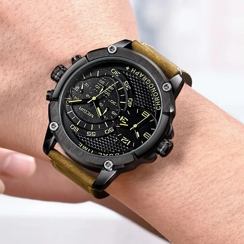 MEGIR-relógios masculinos de negócios com duplo fuso horário, pulseira de couro genuíno, cronógrafo impermeável, relógio de pulso casual masculino, 2093
