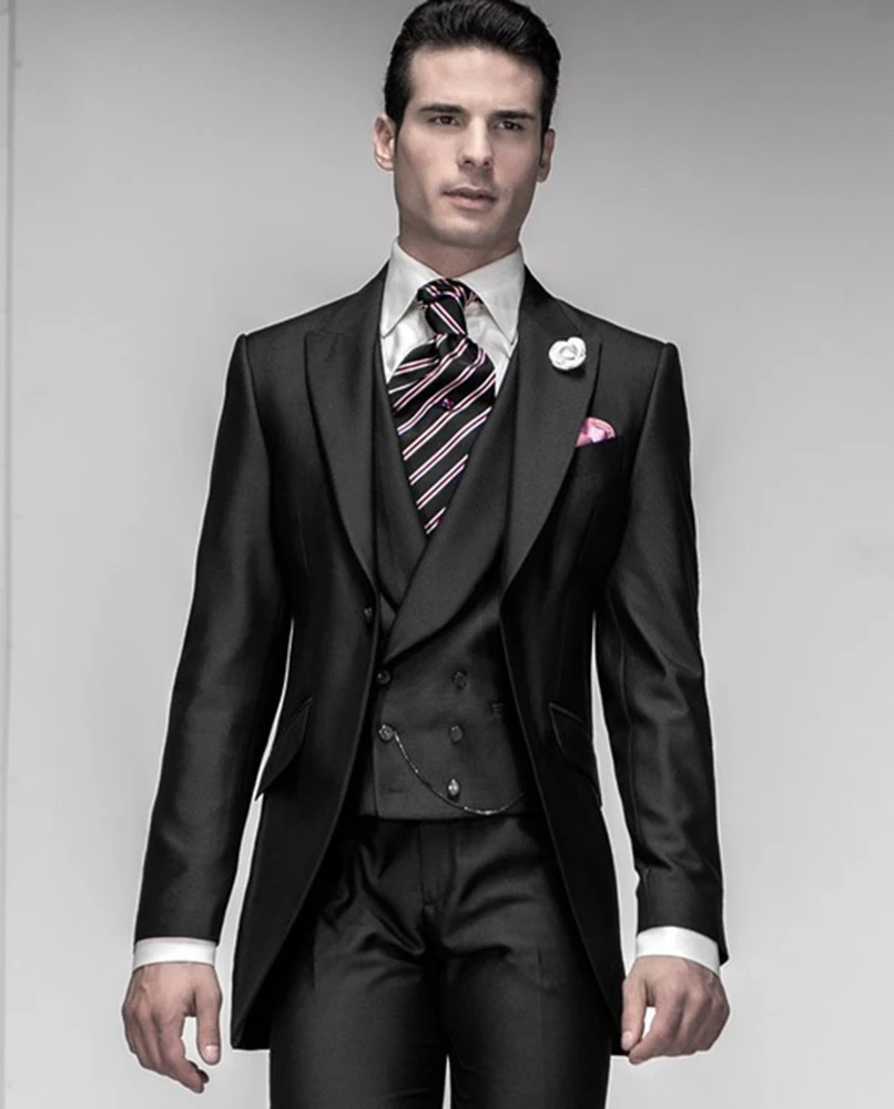Men\'s Black Peak Lapel 3 Pieces Tailcoat Suit Formal Jacket Waistcoat & Trousers Groom Tuxedos Fashion Men Suits for Wedding