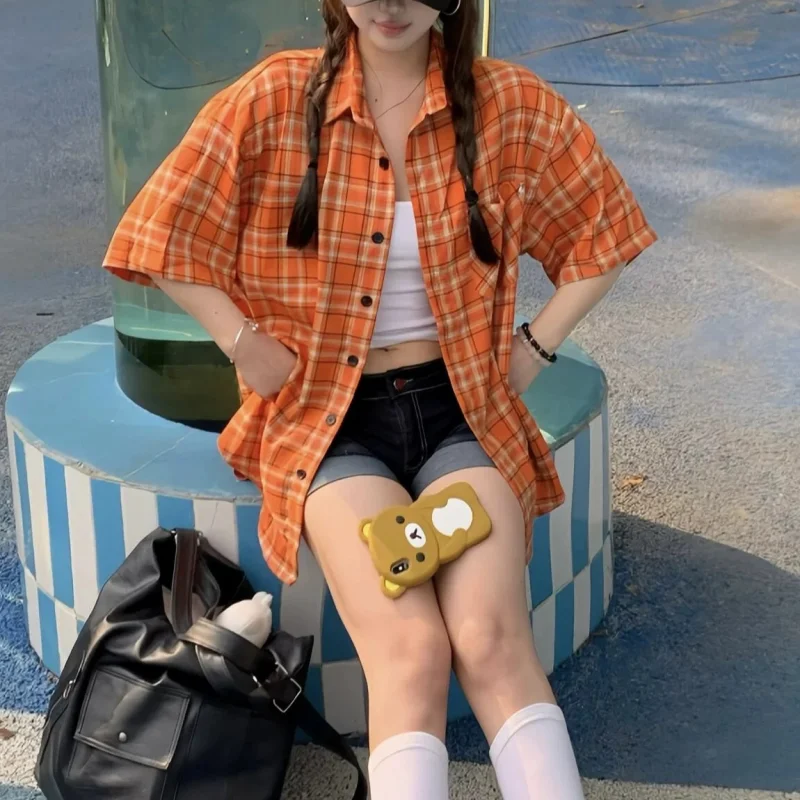 قميص منقوش بأكمام قصيرة بتصميم برتقالي عتيق للنساء، قميص منقوش فضفاض للزوجين، ملابس علوية غير رسمية متعددة الاستخدامات #6