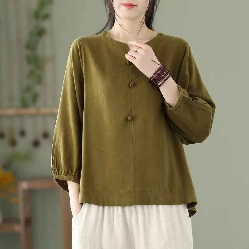 Chinese Style 2024 Summer Women\'s New V-neck Patchwork Button Fashion Solid Color Elegant Comfortable 3/4 Sleeve Blouses Shirts