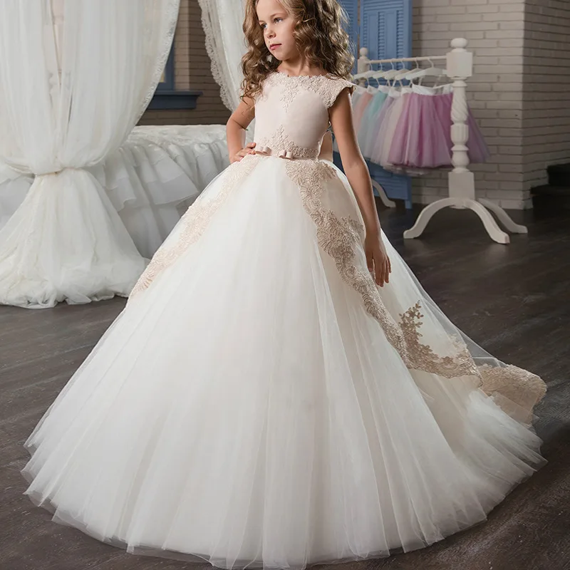 

Puffy Flower Girl Dresses For Weddings Ball Gown Cap Sleeves Tulle Appliques Tutu Long First Communion Dresses Little Girl