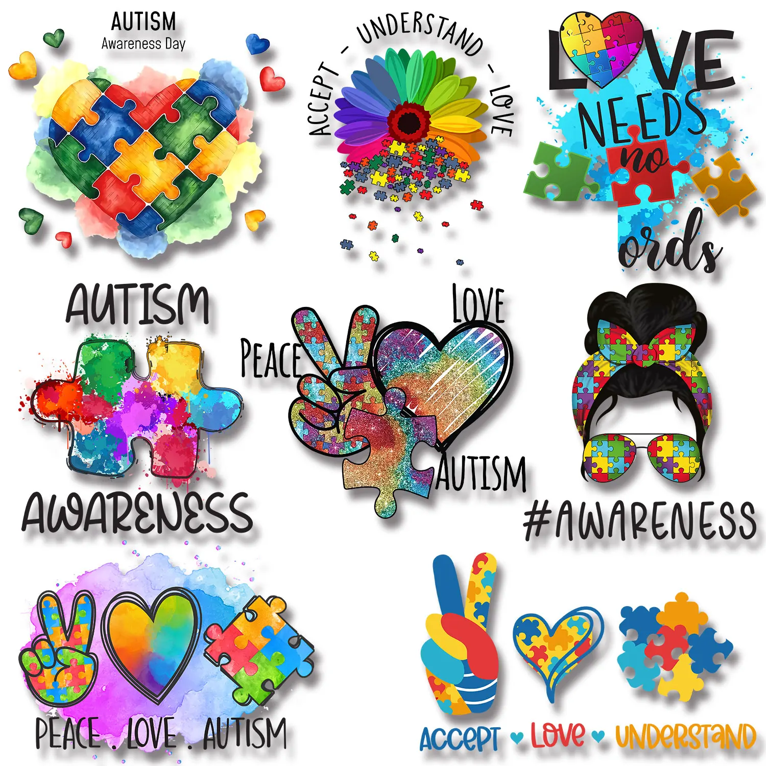 Autism Awareness Day Accept Understand Love Puzzle Ribbon Iron on Patches Bright Colors Applique for Cloth DIY Decoration