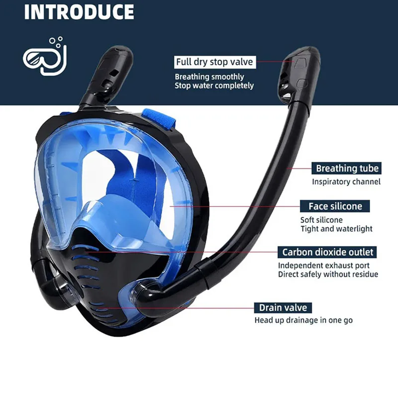 Full Face Snorkeling Mask Double Tube Dry Top Snorkeling Diving Swimming Goggles Silicone Underwater Mask With 2 Snorkels