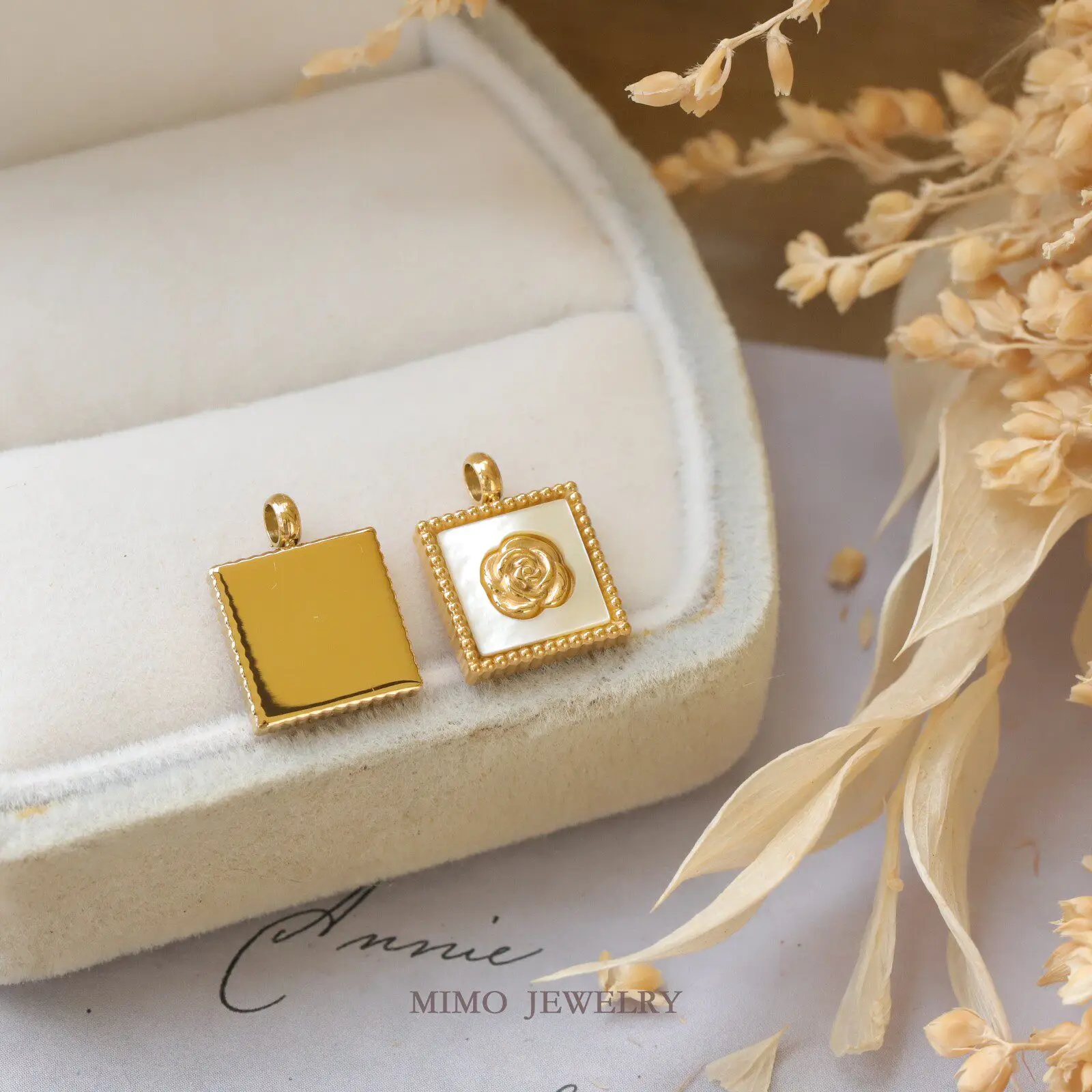 1pcs Titanium Steel Gold-plated Square Rose Fritillary Stud Charms Pendant For Jewelry Making DIY Bracelet Accessories Findings