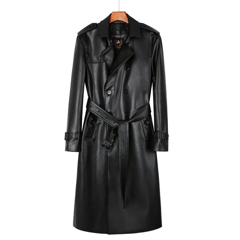 men\'s leather trench coat long knee length double breasted classic british fashion jacket thickened down vest leather windbre