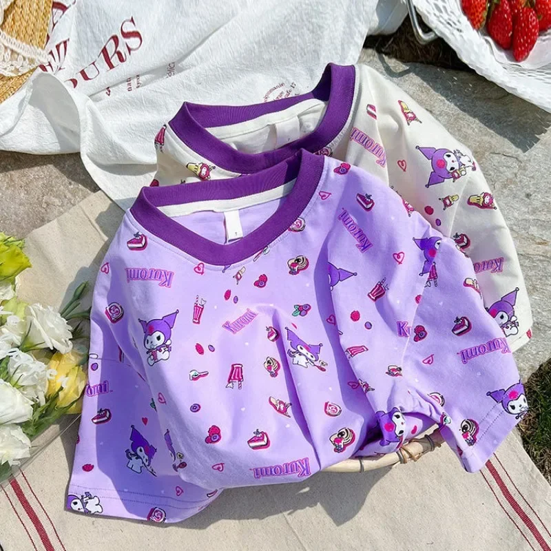 

Anime Sanrio Cartoon Kuromi Children's Pajamas Girls Summer Long Sleeves Thin Girls Children's Home Wear Set Kid Holiday Gifts