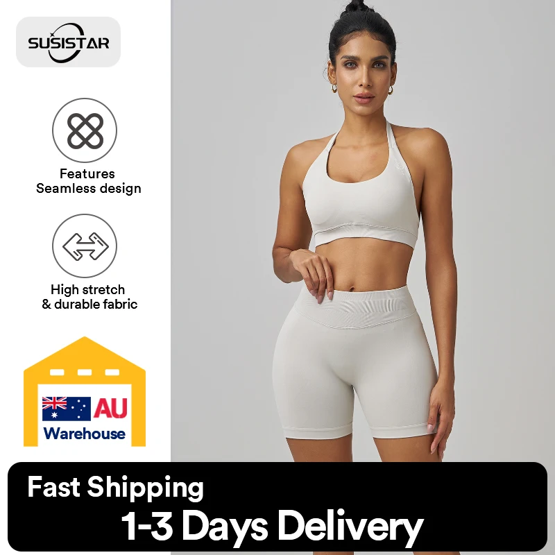 

SUSISTAR Workout Sets for Women 2 Piece Crossover HIgh Waist Booty Shorts and Sports Bras Gym Yoga Outfits