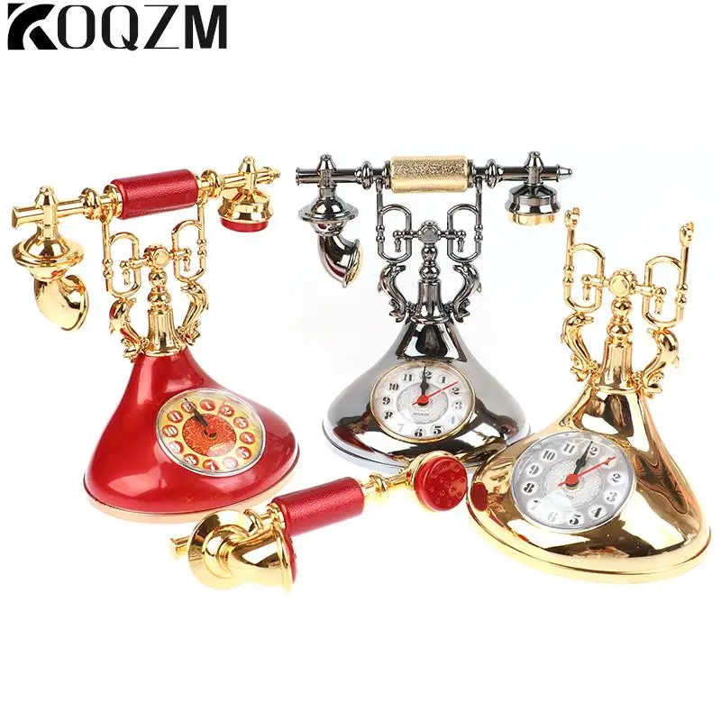 1pc Retro Alarm Clock Telephone Model Creative Timekeeper Desktop Ornament For Home Room Bedside Table Decoration