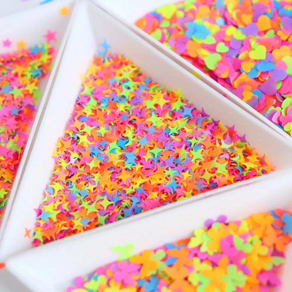 PrettyG 1 Box Neon Fluorescence Color Mix Candy Shape Glitter Moon Heart Star Sequins for Resin DIY Art Craft Nail Decoration YN