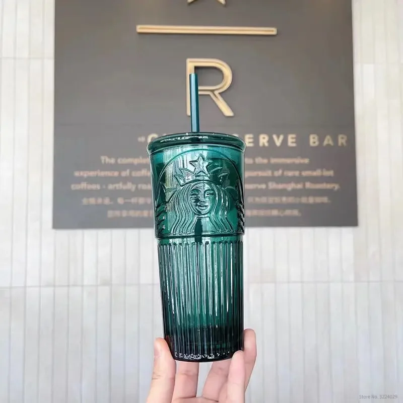 green color Mermaid print straw cup drinkware Large capacity 550ml Lead-free glass cups with lid and straw