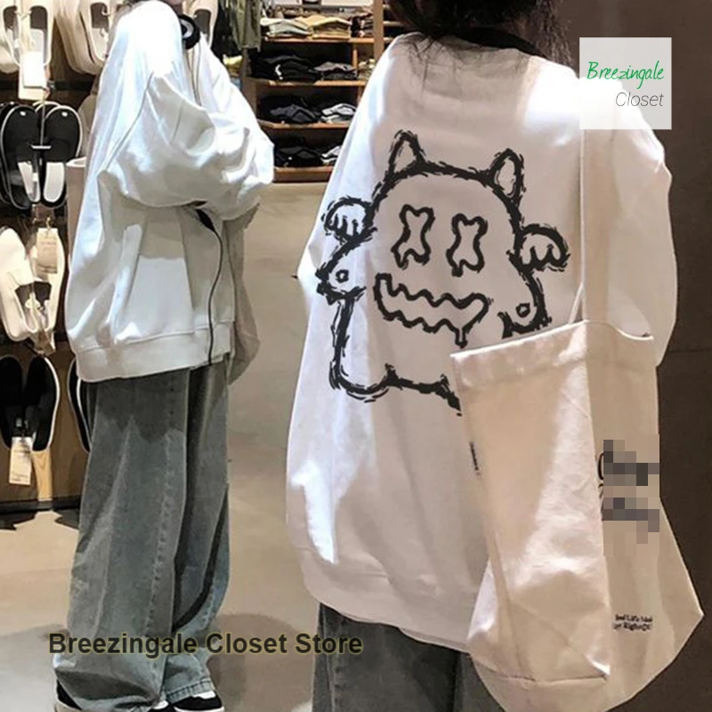 American-style cartoon little devil pattern hooded sweater white coat female spring and autumn loose fashion Joker casual top.