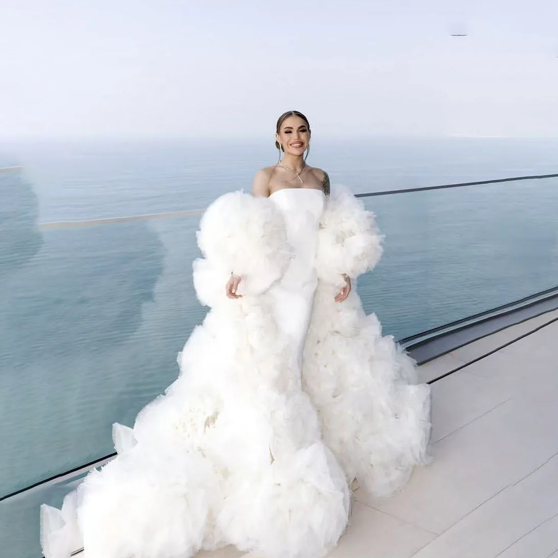 Amazing Multi Layered Sleeve Tulle Long Jacket Women Wedding Photography Jacket Dresses Full Volume Robe Outerwear Luxury