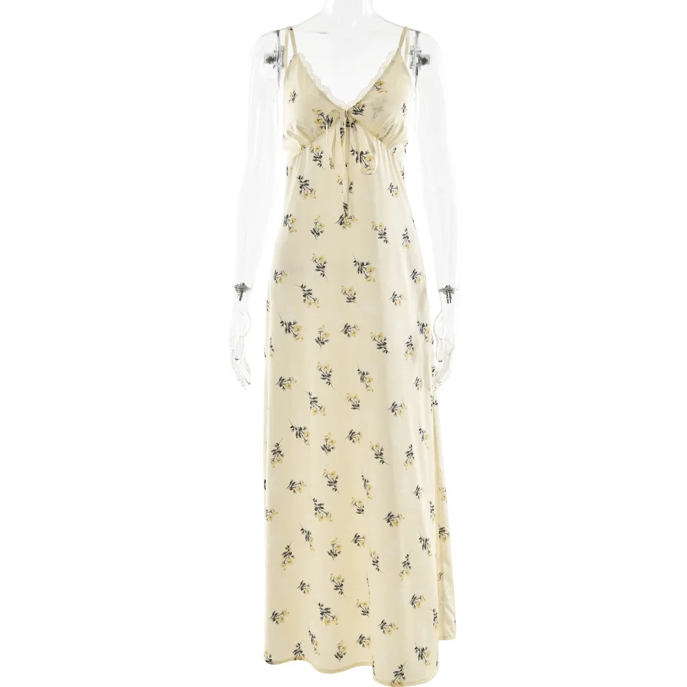 2025 herbst Neue Elegante Seide Satin Strap V-ausschnitt Mit Temperament Drucken Slim Fit Langes Kleid