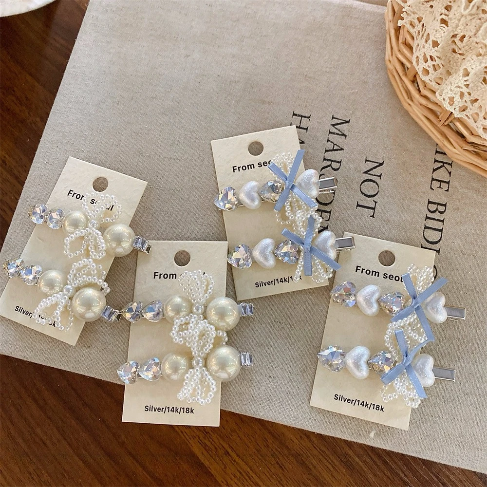 2 Stücke Sanfte Perle Kristall Haarnadel Fee Stil Seitenclip Frauen Täglich Datum Kleid Haarschmuck Süße Haarschleifen für Mädchen – Detail 4