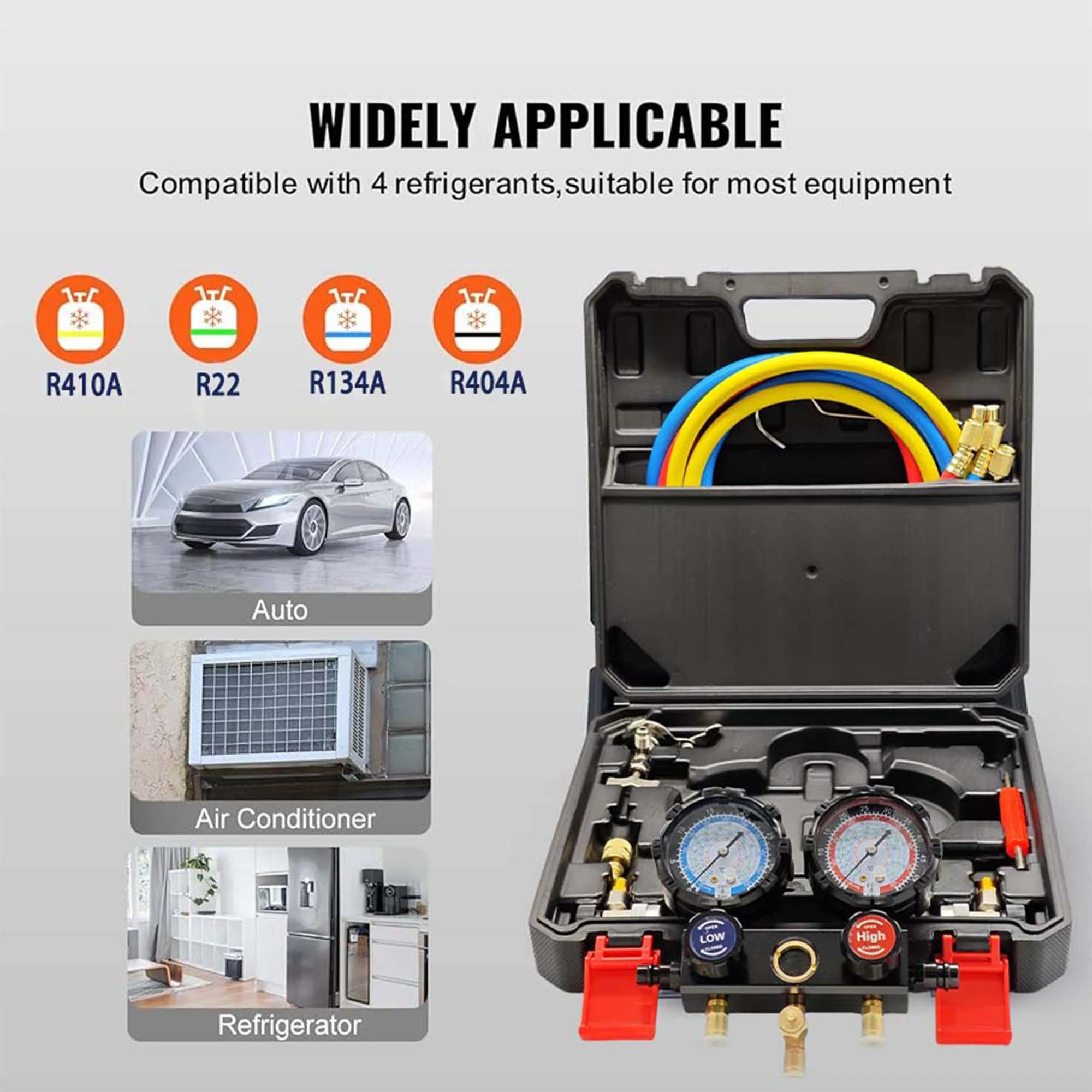 

R410A R22 R134a R404A AC Manifold Gauge Set, Refrigerant Charging Kit with Quick Coupler, Adapter & 1.45m Hose