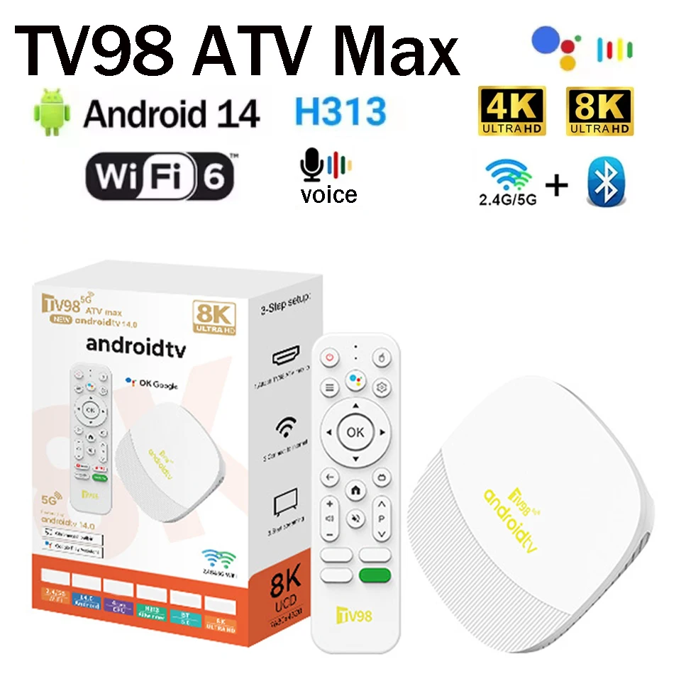 TV98 ATV Max Smart TV Box Android 14 AIIwinner H313 Медиаплеер 4K 8K HDR 10+ Dual Wifi6 4G/5G BT Голосовой помощник ATV PK G7 Max