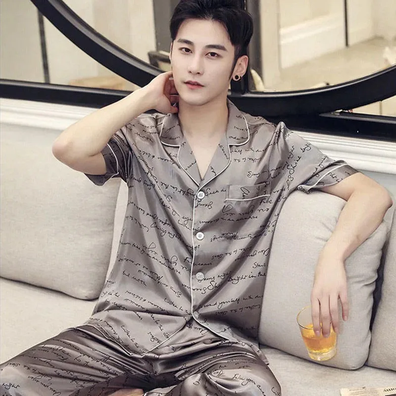 Ice Silk Pajamas for Men Spring and Autumn Air-conditioned Room Thin Men's Simulation Silk Youth Summer Home Wear Set Comfort