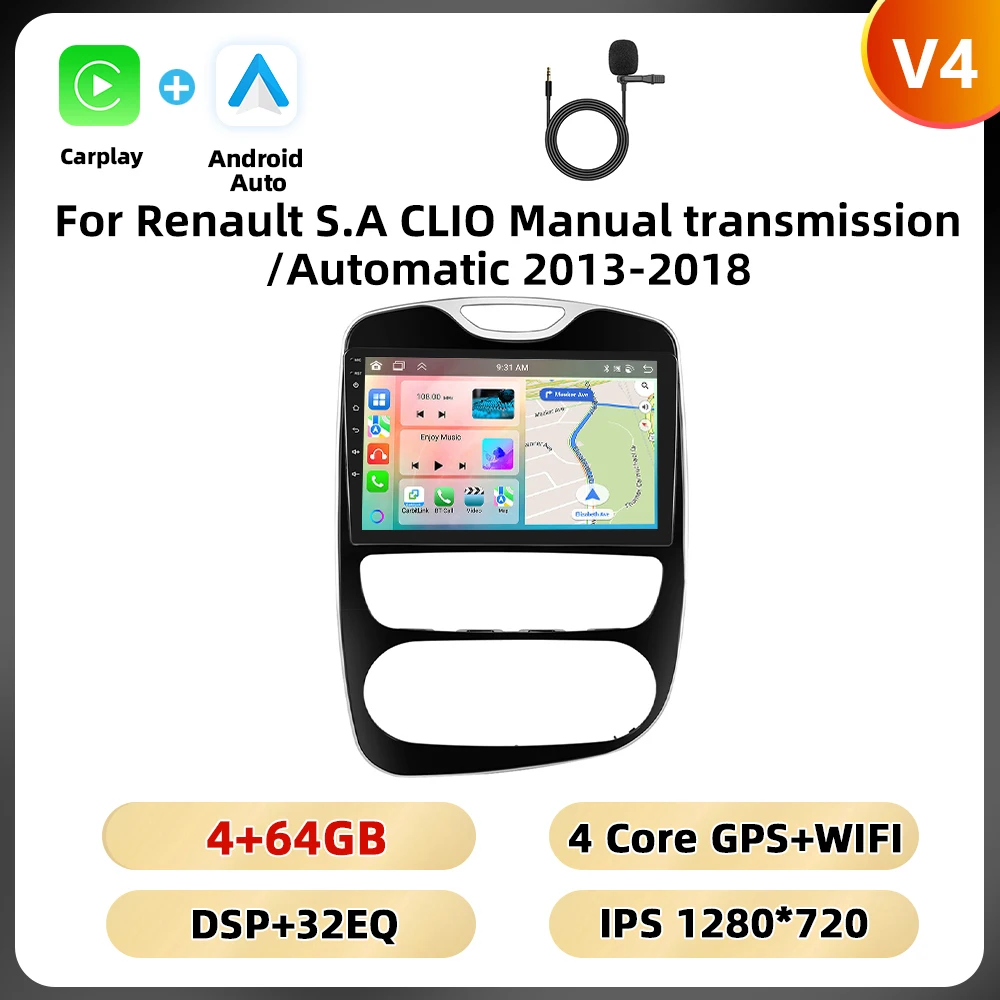 Podofo 10.1 ''2din Autoradio Voor Renault S.a Clio Handgeschakelde Versnellingsbak/Automatische 2013-2018 Carplay Android Auto Gps Wifi 4G Dsp