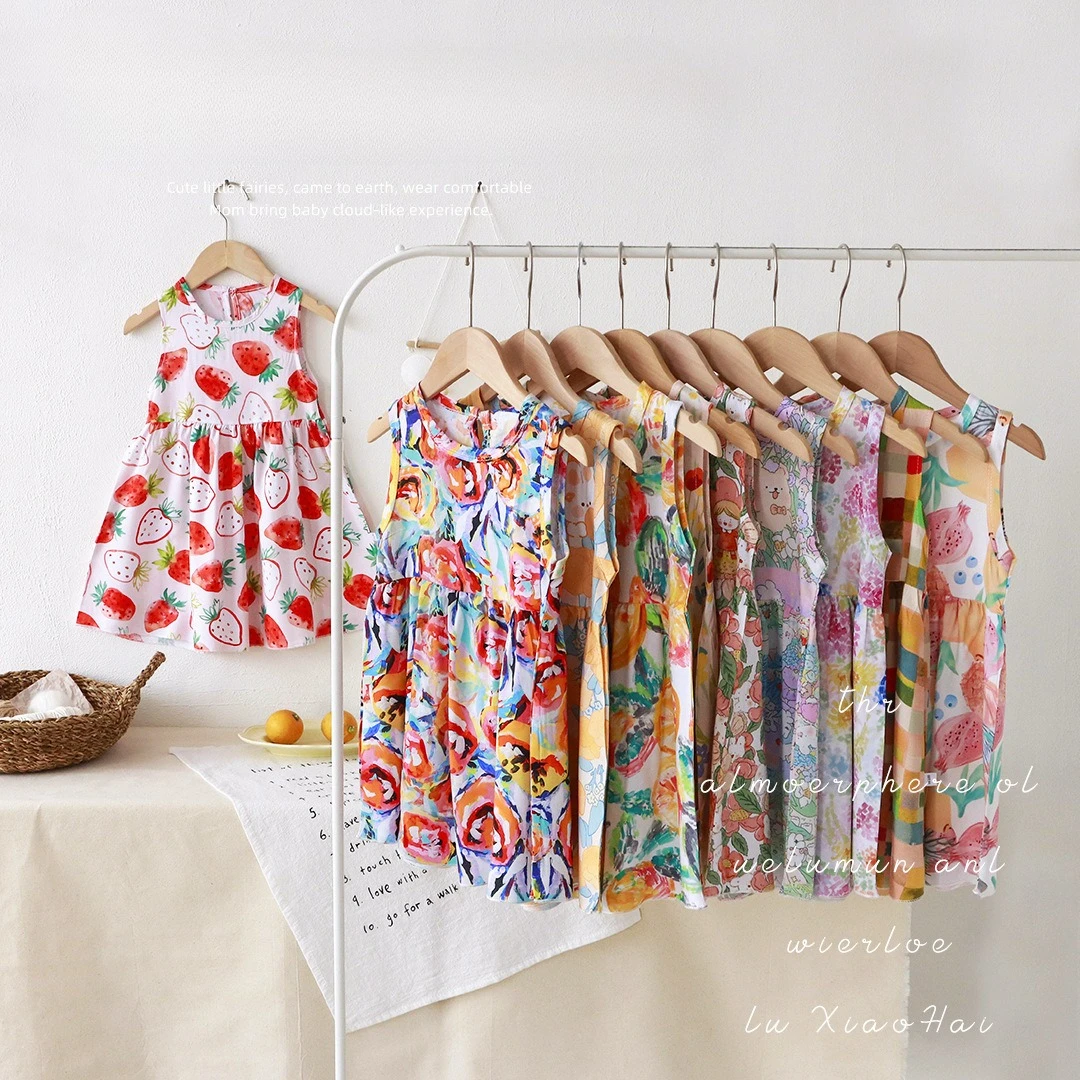 Summer Sleeveless Candy Color Cartoon Printed Soft Breathable Sundress For Children Holiday Party Beach Casual Cute Thin Clothes