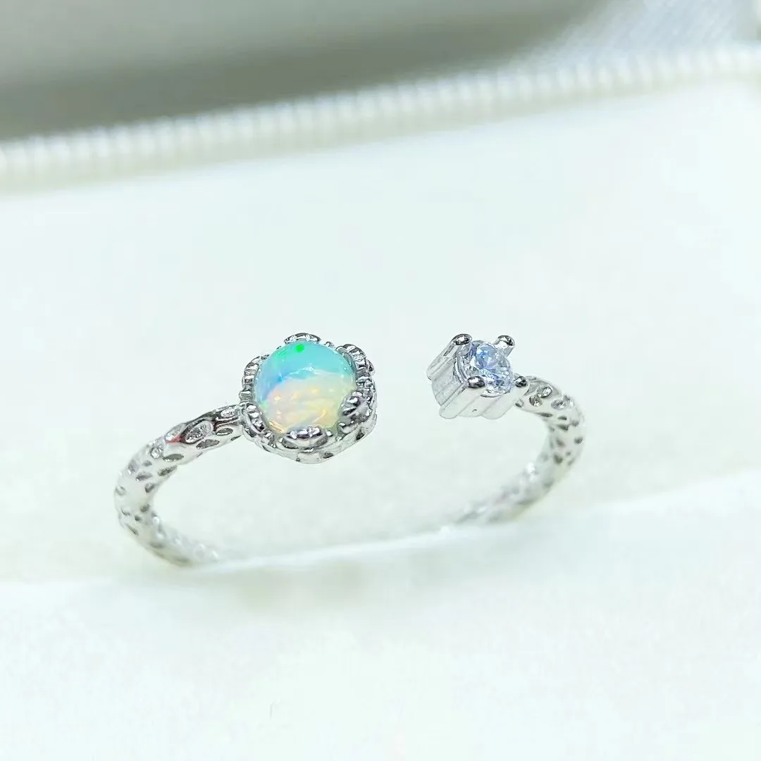 

925 Sterling Silver Opal ladies rings with 4mm Main Stone, Adjustable Band - Elegant Jewelry Collection