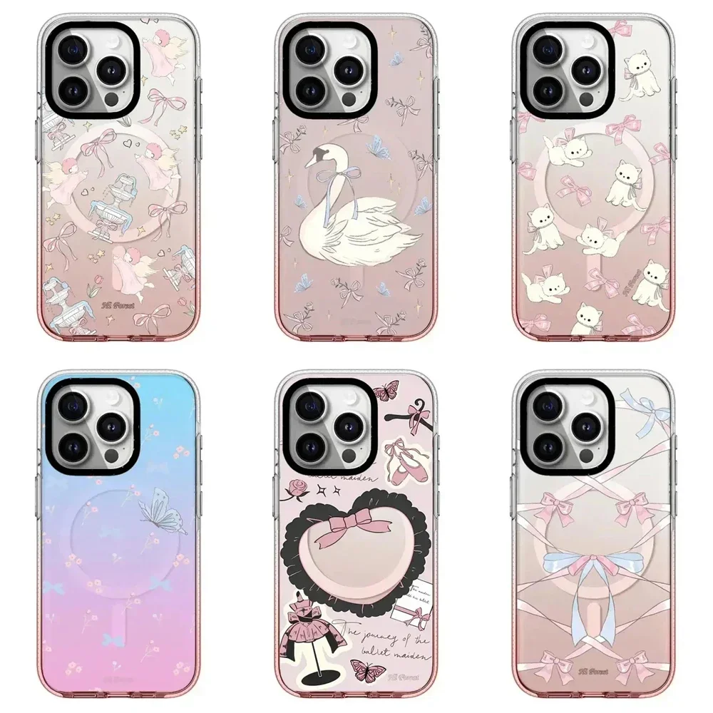 

Pink Gradient Transparent Border Swan Bowknot Engraved Letters Phone Case Cover for iPhone 13 14 15 Pro Max Case with MagSafe