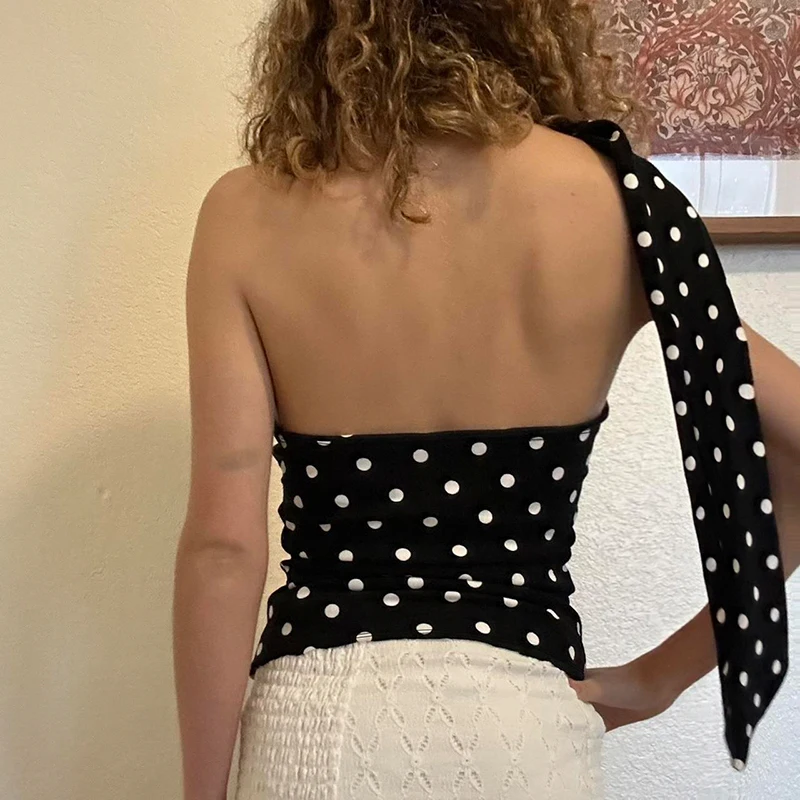 IAMHOTTY Polka Dot Off-shoulder Tank Top with Halter Scarf Sexy Asymmetrical Camiso Coquette Aesthetic Sleeveless Tops Y2K Vest