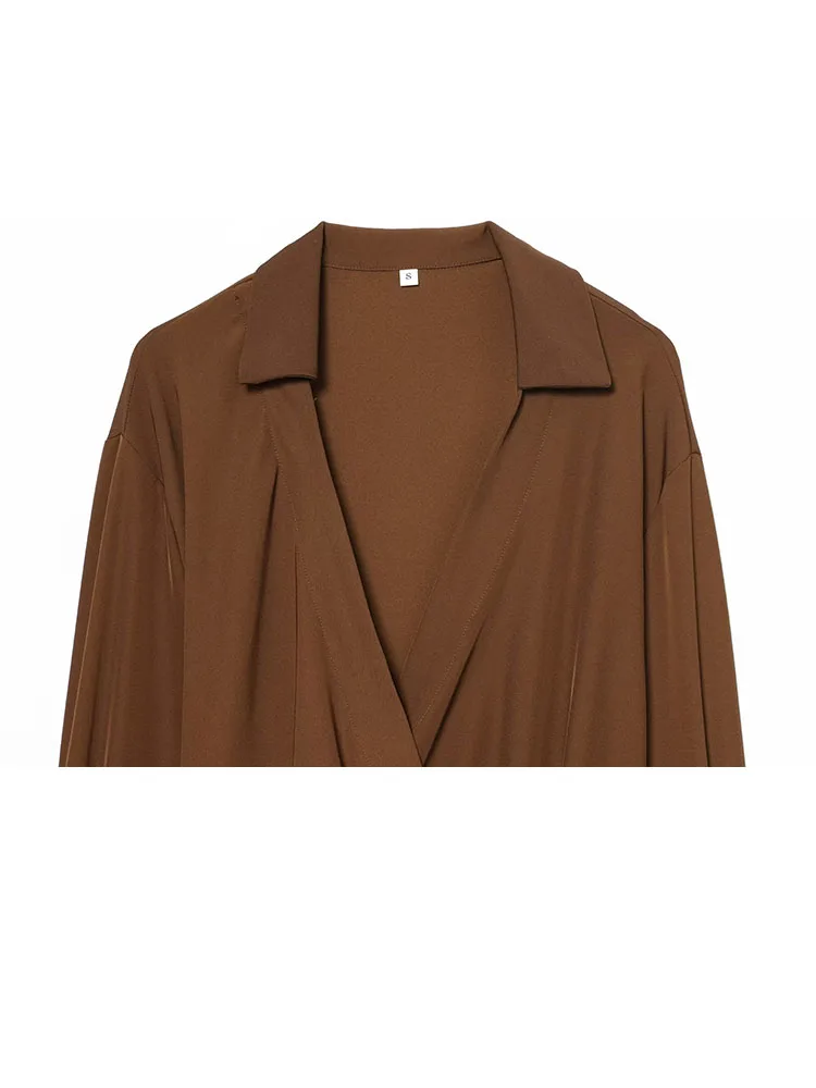 HH Lente Vrouw Mode Lange Mouwen Geplooide Decoratie V Kraag Dubbele Revers Tops Vrouwelijke Losse Casual Elegante Comfortabele Tops