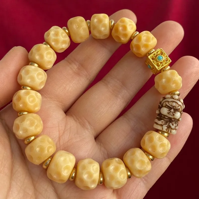 Handmade DIY carved with meteorite patterns vintage-style pendant Buddhist prayer beads bracelet camel bone